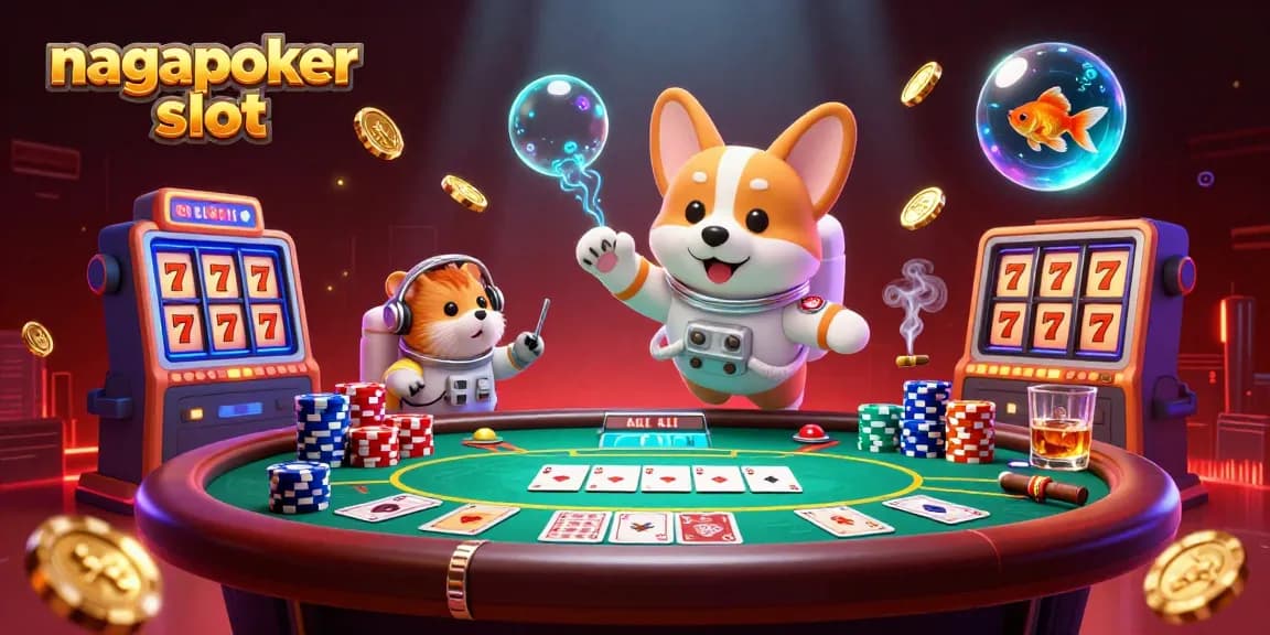 Engage with nagapoker slot action in a vibrant casino scene featuring cartoon characters and dynamic gaming elements.