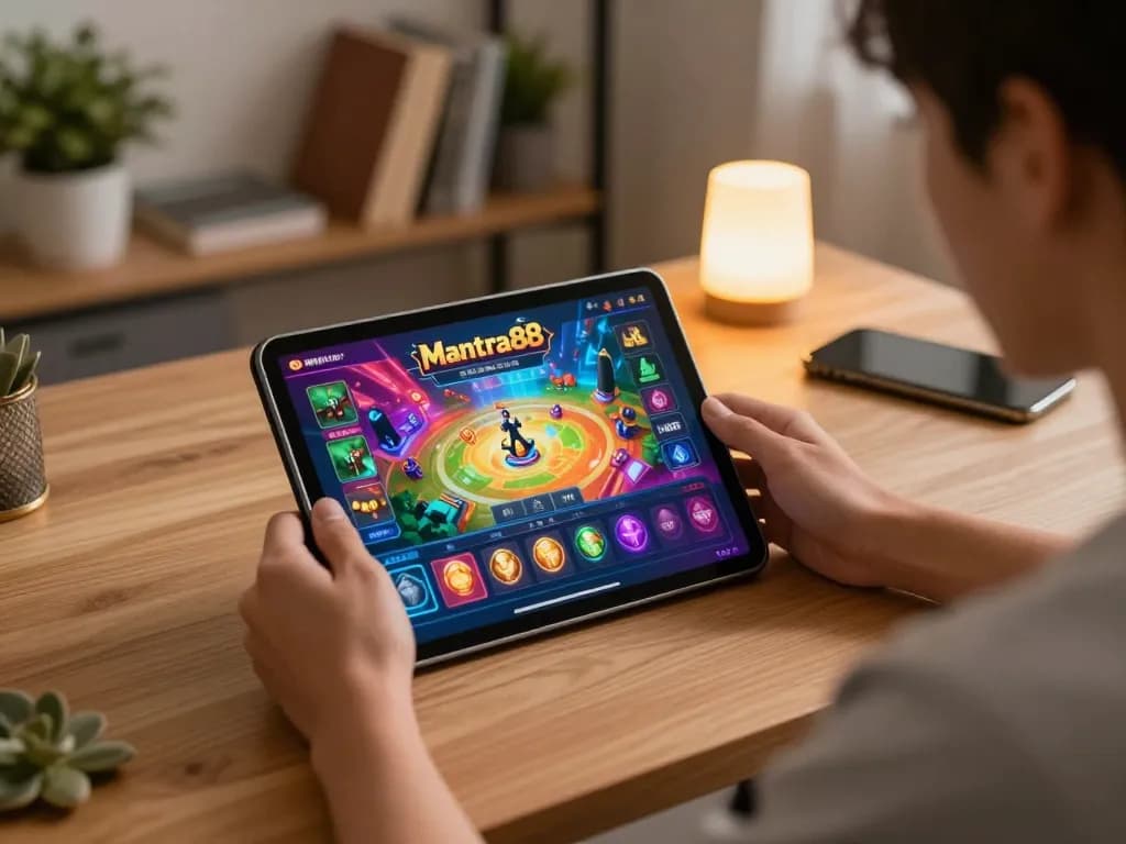Engaging gameplay on mantra88 displayed on a tablet in a modern home setting, showcasing vibrant game graphics and a dynamic interface.