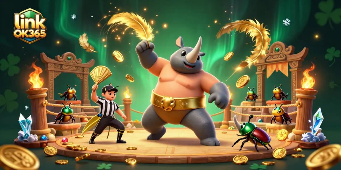 Engage with the thrilling action of link OK365 featuring a rhinoceros beetle sumo champion amid golden coins.