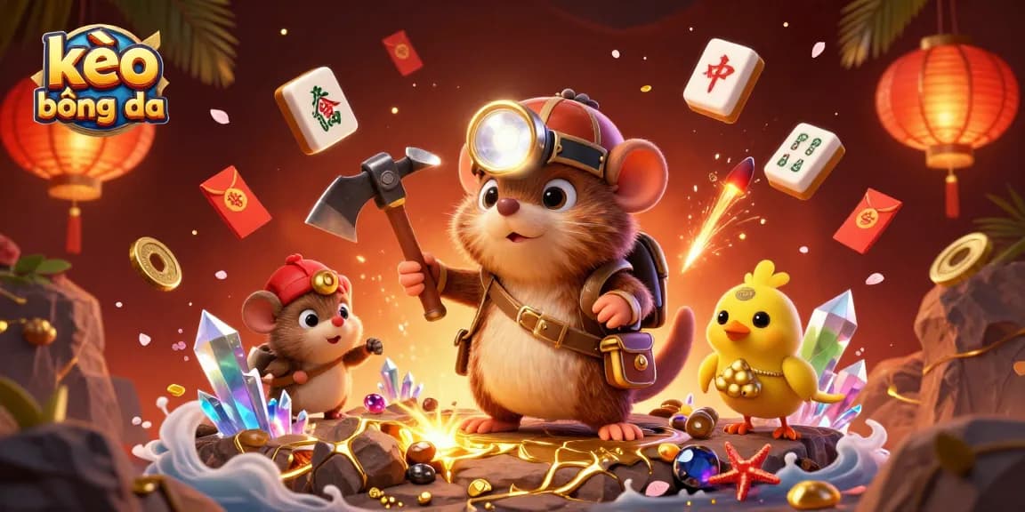 Engage in kèo bóng đá with vibrant treasure-filled 3D illustration showcasing a mining mole and glowing gems.