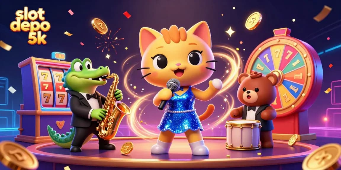Engage in fun with slot depo 5k in this vibrant 3D casino scene featuring lively cartoon characters.