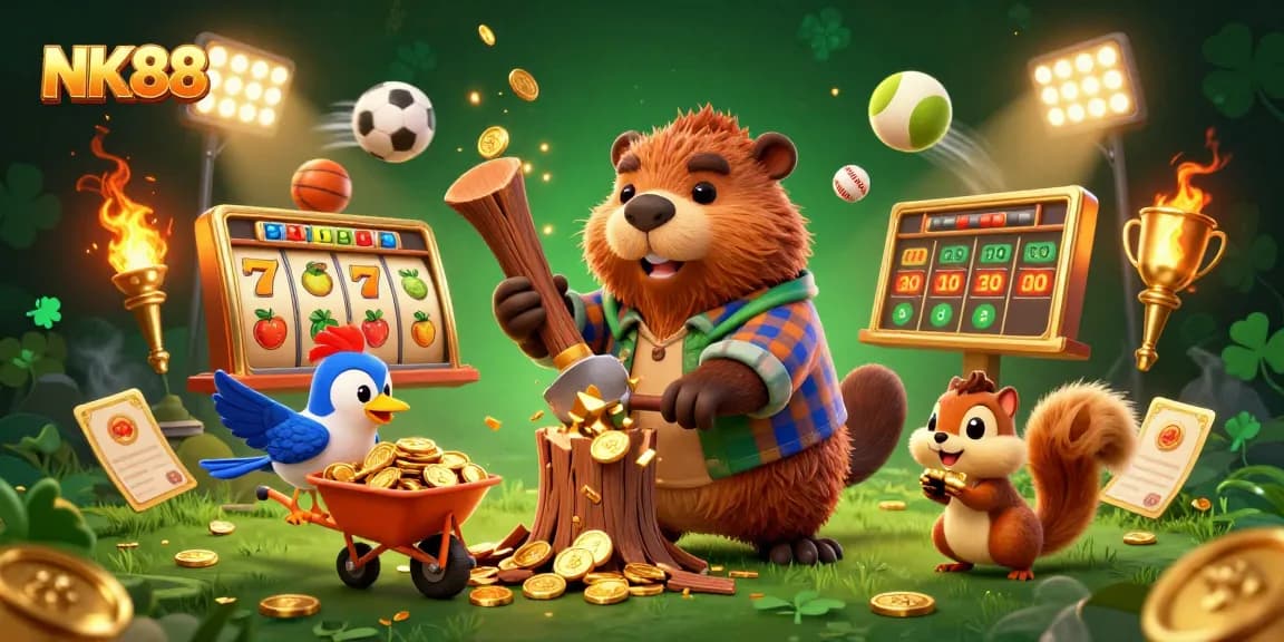 Experience excitement with NK88 in a colorful, dynamic 3D casino scene filled with wins.