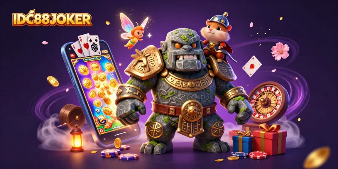 Experience thrilling wins with IDC88JOKER in this vibrant casino-themed illustration.