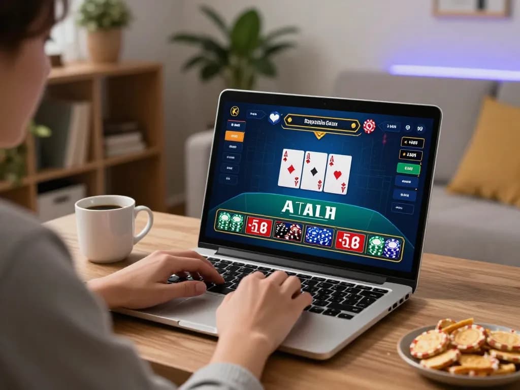 Engaging online gaming experience at home with 68gamebaivn on laptop.