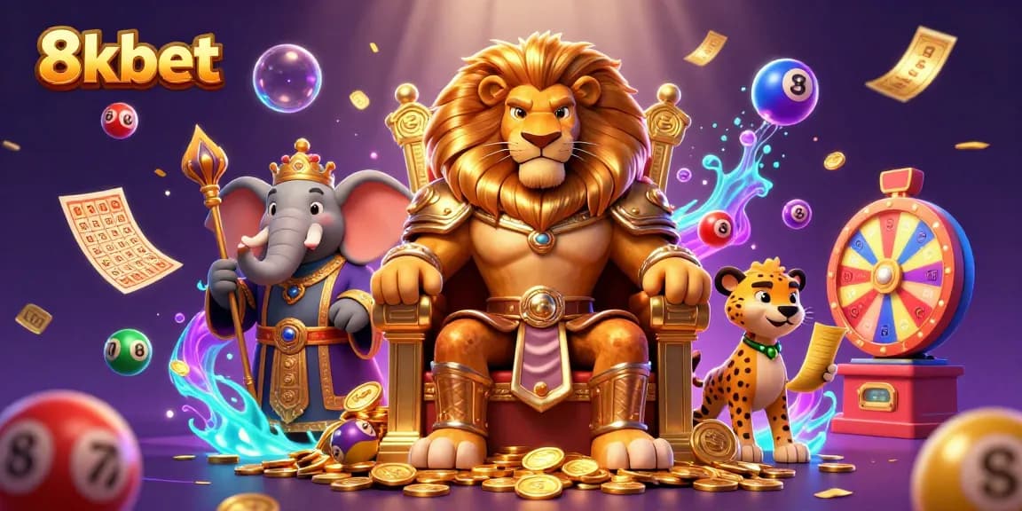 Experience the thrill of 8xbet with a vibrant illustration showcasing a lion king, wise elephant, and cheetah amid dynamic lottery elements.