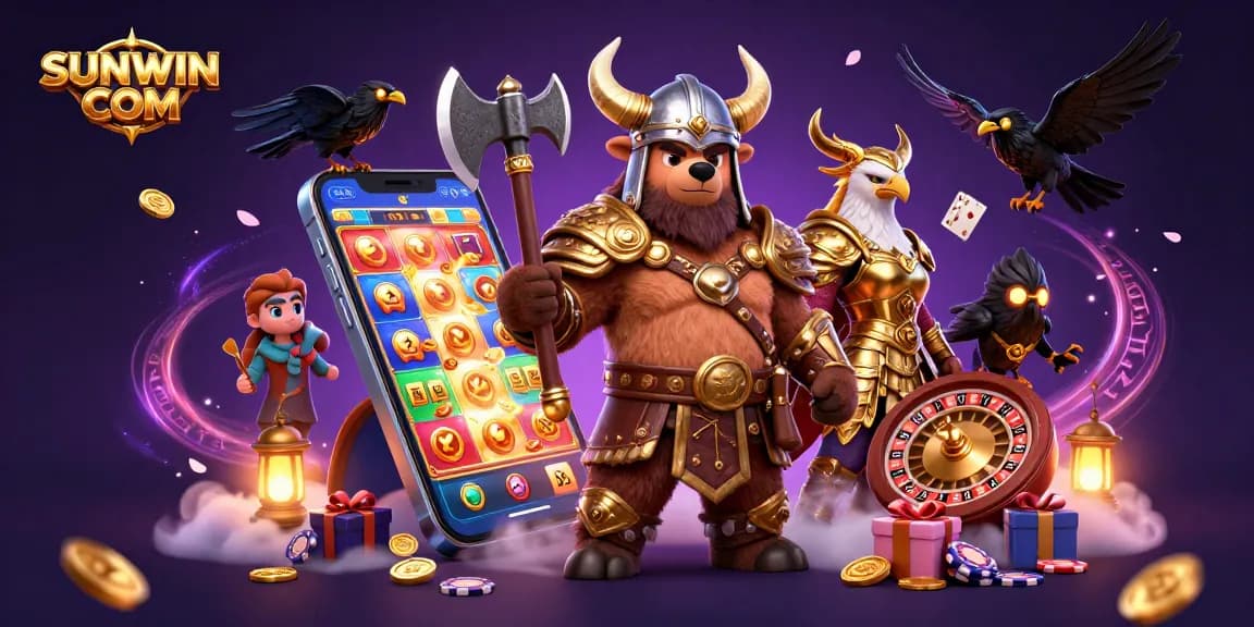Engage with exciting wins at SUNWIN COM in this vibrant casino-themed illustration.