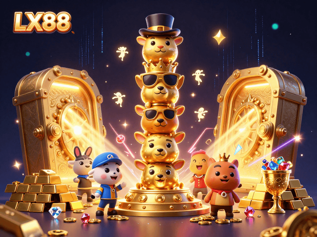 Experience exciting moments at LX88 with a vibrant illustration of a golden totem and casino elements.