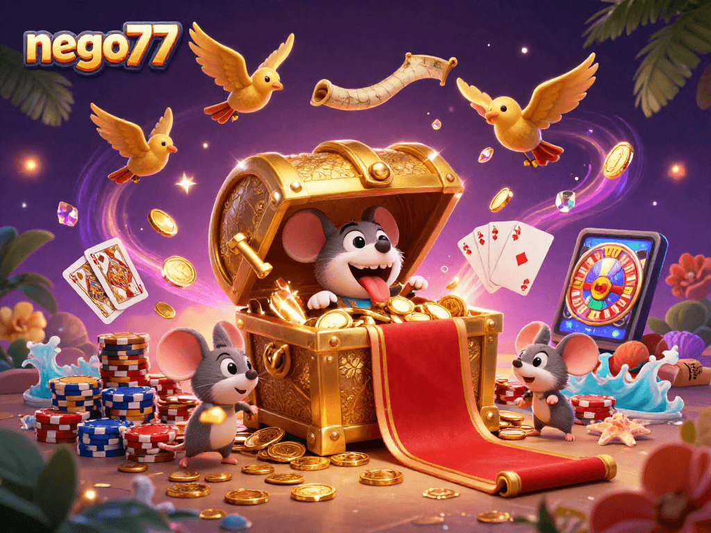 Experience thrilling gameplay at nego77 with lively casino elements, including golden coins and vibrant cards.