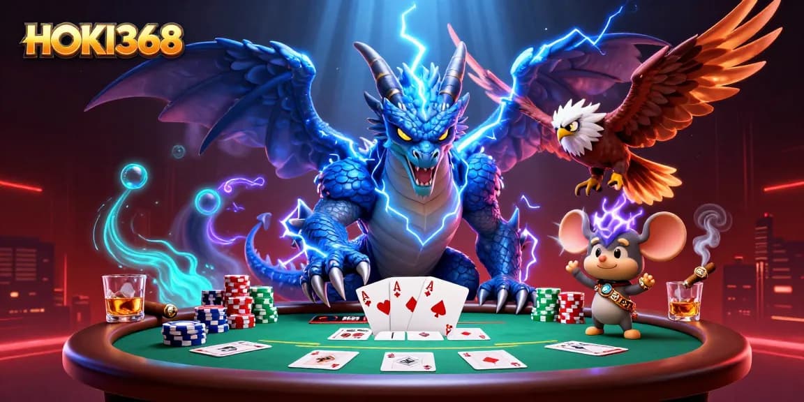 Engage with HOKI368's thrilling poker scene featuring dynamic blue lightning dragon and vibrant gaming elements.