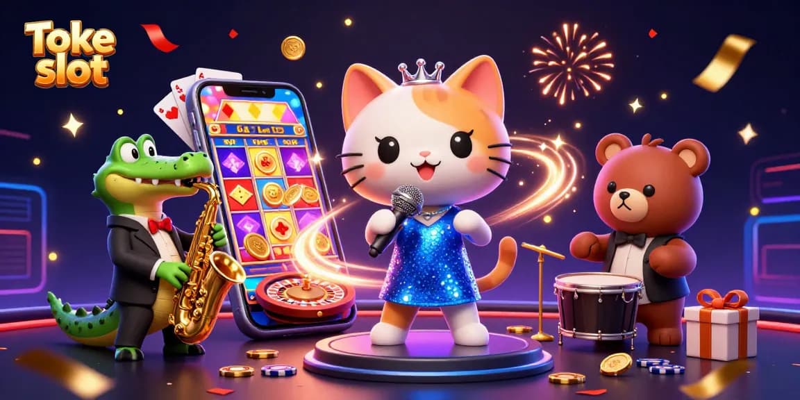 Engage with Toke slot in a vibrant 3D casino scene featuring animated characters and exciting gameplay elements.