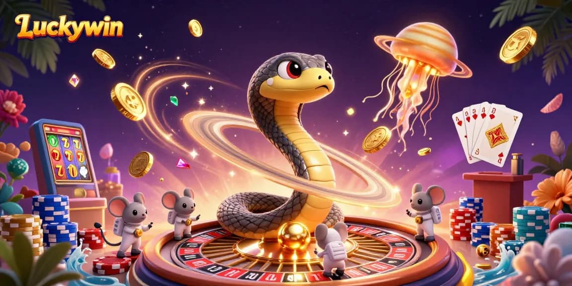 Experience thrilling gameplay at Luckywin with animated characters around a cosmic roulette scene.