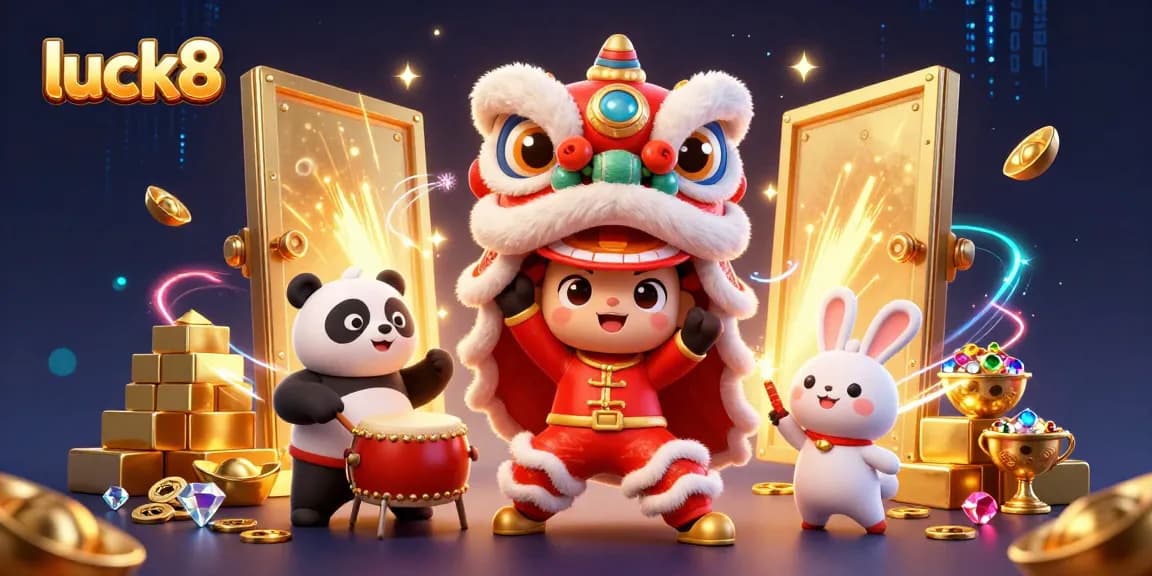 Engage with luck8 in this vibrant casino scene featuring a lion dance and treasure elements.