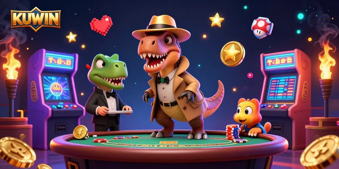 Kuwin offers thrilling gambling experiences with a cartoon velociraptor card counter at a vibrant casino table.