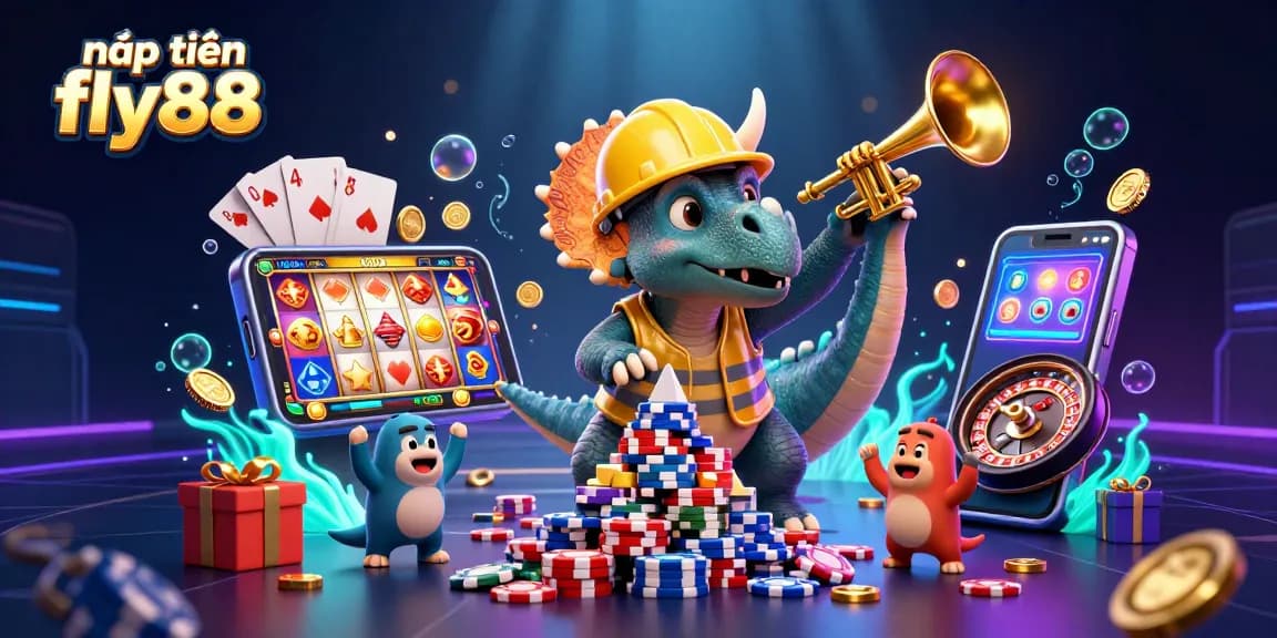 Experience thrilling gaming with nạp tiền fly88 as colorful slot games and golden coins surround joyful characters.