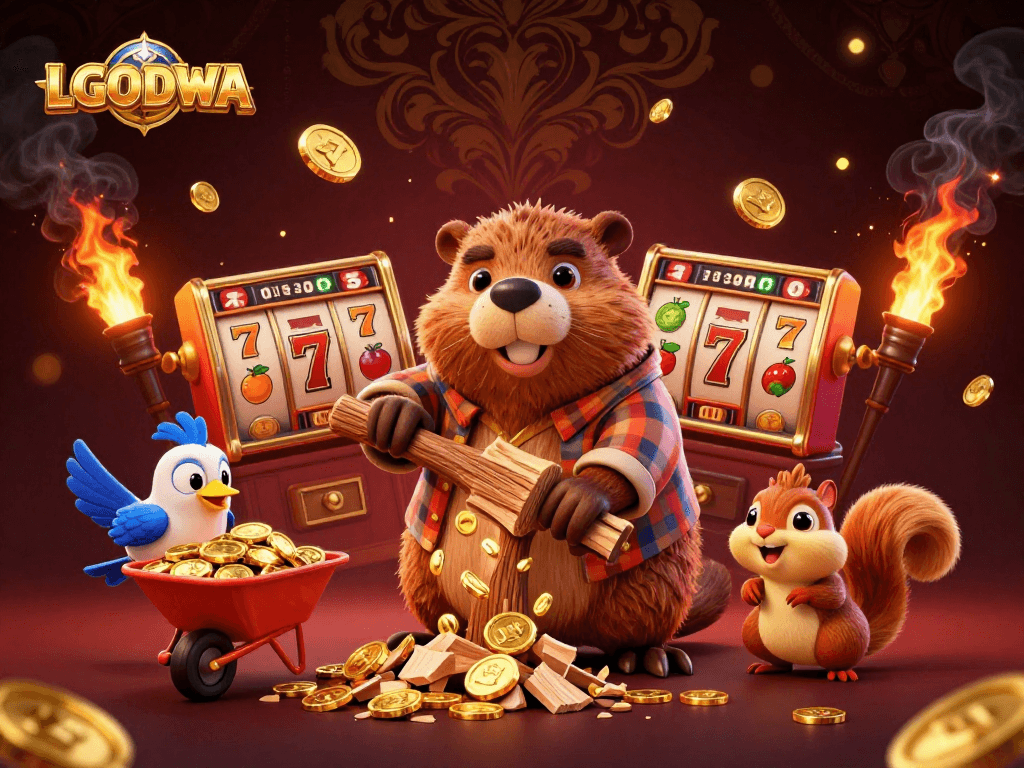 Experience the thrill of LGODEWA with a beaver, bird, and squirrel in a vibrant casino scene.