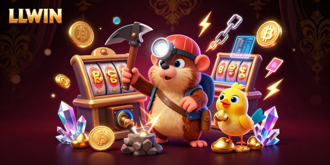 Experience thrilling wins at LLWIN with a treasure hunter mole uncovering casino jackpots in an illustrated scene.