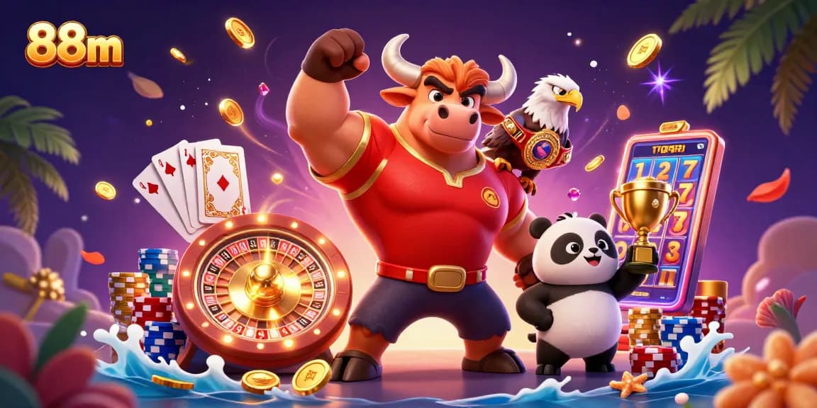Experience thrilling action with 88m as the bull mascot wins big in a colorful casino scene.