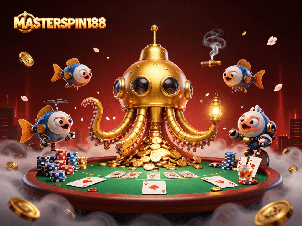 MASTERSPIN188 showcases a vibrant 3D illustration of a kraken submarine amidst poker elements and coins.