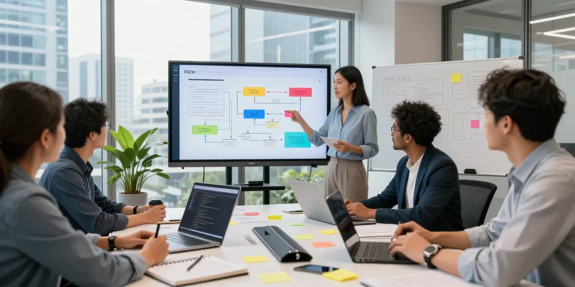 Build internal tools with AI in a collaborative office workspace showcasing diverse professionals presenting innovative solutions.