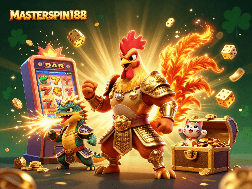 Engage in thrilling play with MASTERSPIN188 as the cartoon warrior and dragon showcase dynamic casino elements.