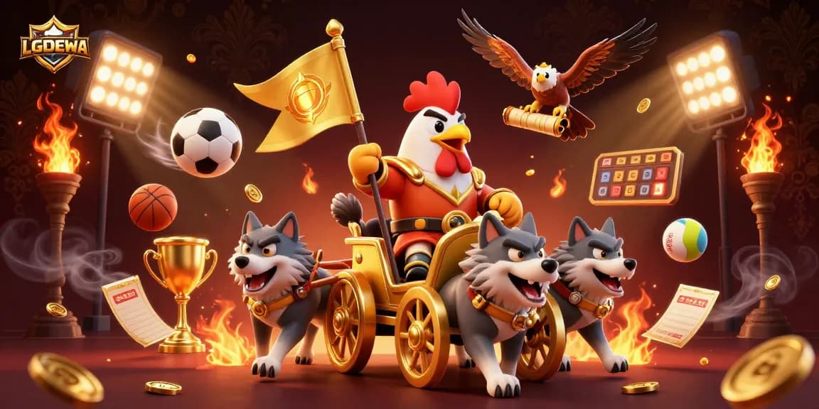 LGODEWA showcases an action-packed scene of a rooster warlord leading a golden chariot amidst sports elements.