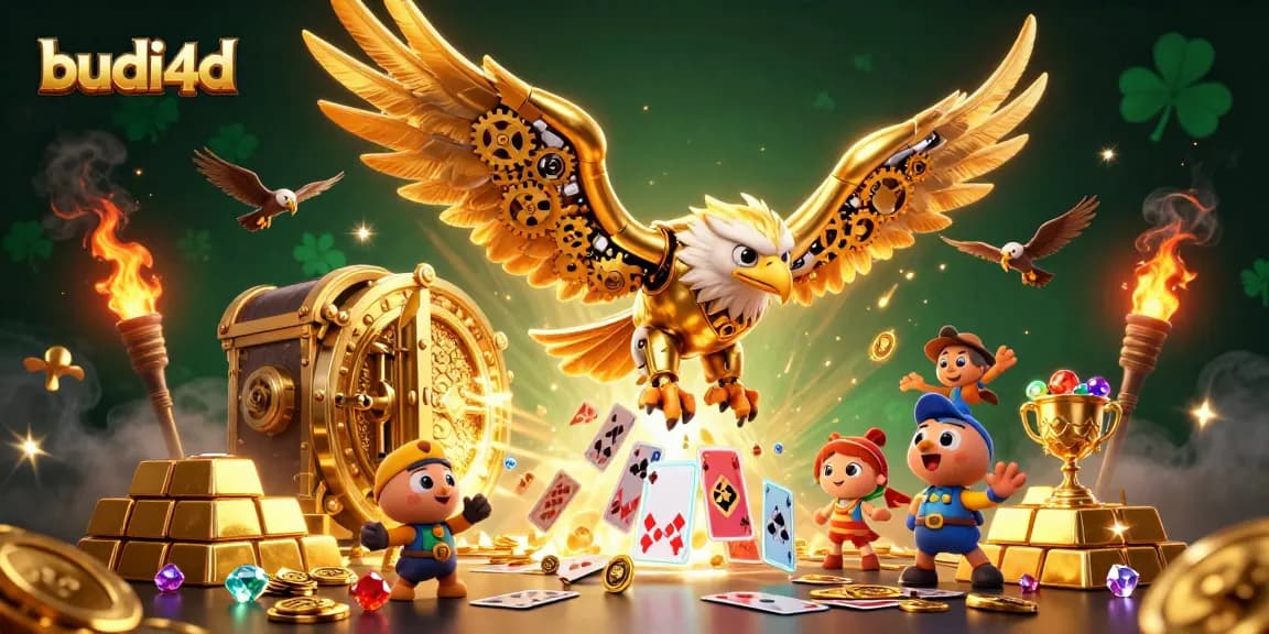 Budi4d features a golden eagle in a dramatic casino scene, diving past playing cards and treasure.