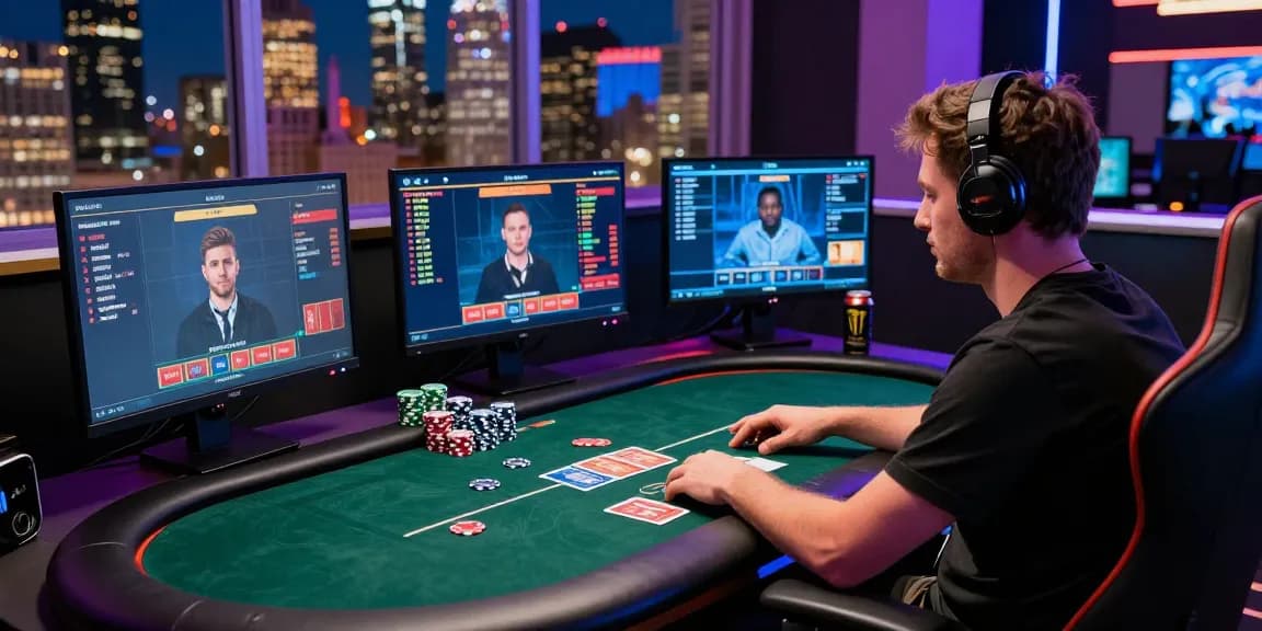 Exciting scene of a player engaged in Daftar Nagapoker online poker game with multiple screens and gaming ambiance.