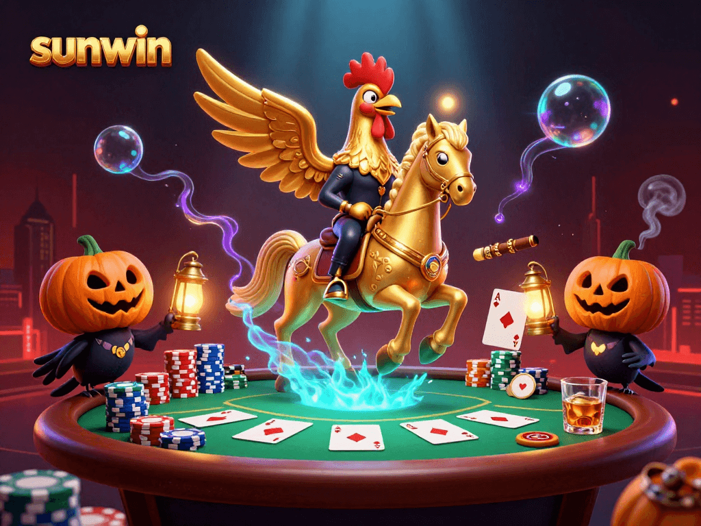 Experience thrilling poker action with sunwin's vibrant golden rooster in a dazzling casino scene.