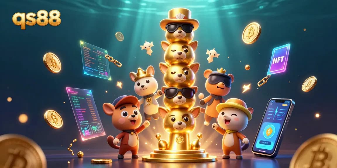 Experience the excitement of qs88 with a vibrant 3D casino illustration featuring animated characters and blockchain elements.