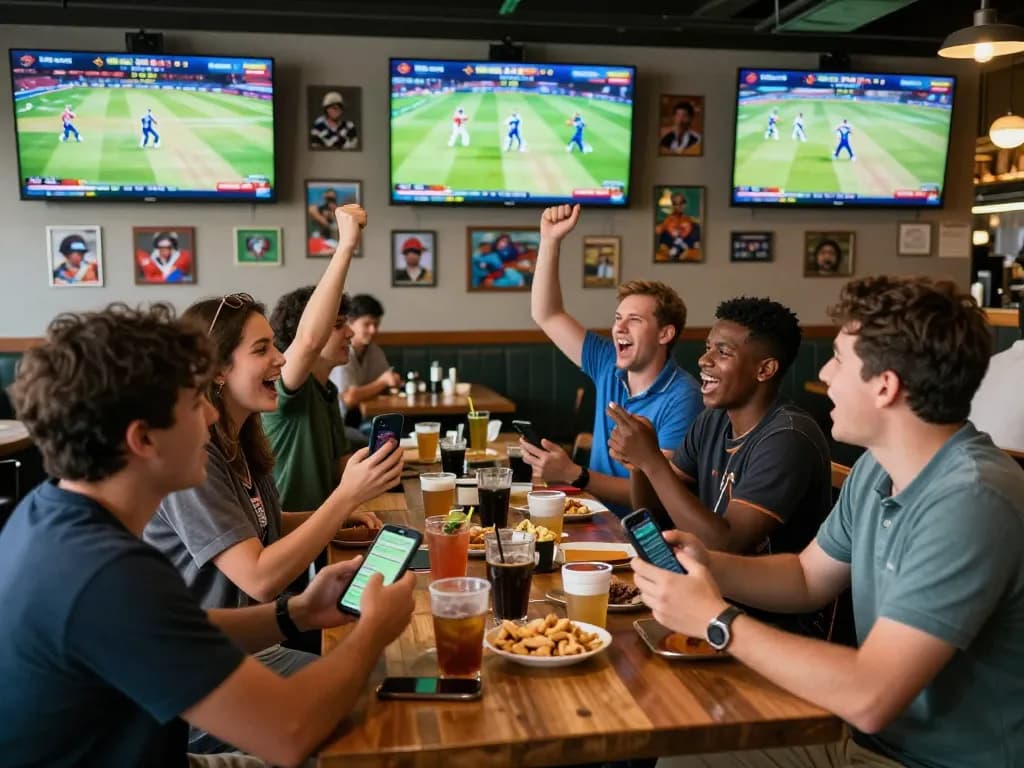 Exciting cricket betting atmosphere at a lively sports bar with fans celebrating predictions and strategies on Crickex.