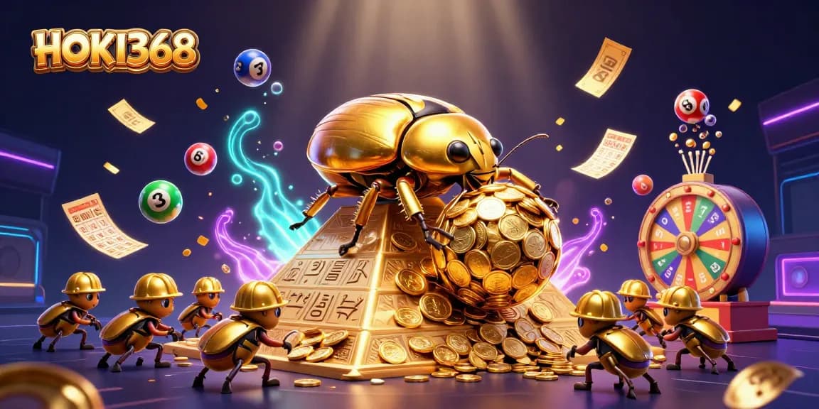 Experience HOKI368's exciting gaming world with vibrant lottery elements and golden treasures.