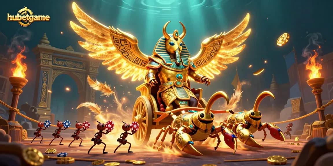 Experience the excitement of hubetgame with its vibrant casino scene featuring a golden scarab and poker chips.