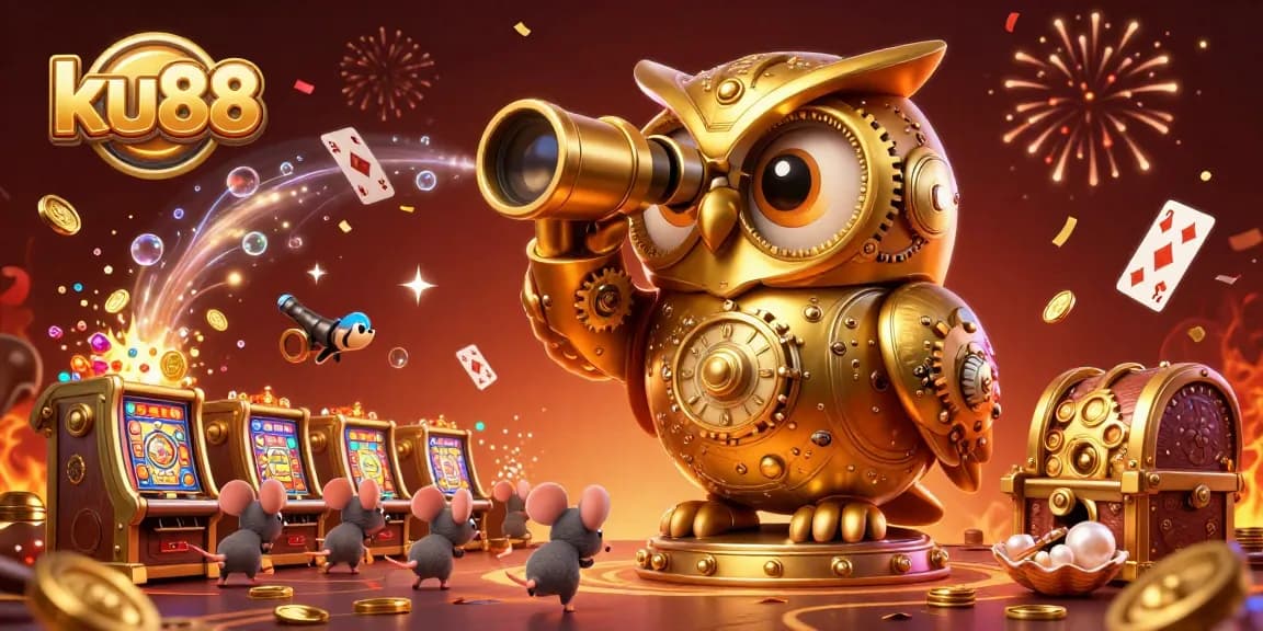Play exciting casino games at ku88 with a rich, vibrant 3D illustration showcasing dynamic action and treasures.