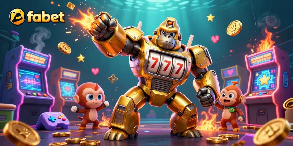 Experience gaming excitement with fabet's golden gorilla mech amidst vivid arcade elements.