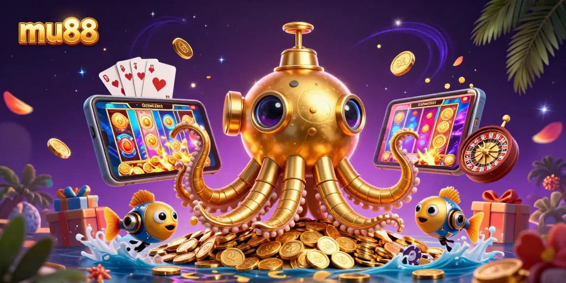 Experience winning at mu88 with an enchanting golden kraken submarine in a vibrant casino scene.