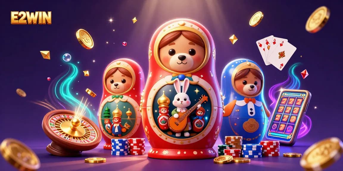 E2WIN reveals an enchanting casino scene with vibrant characters, dynamic gaming elements, and rich illustrations.