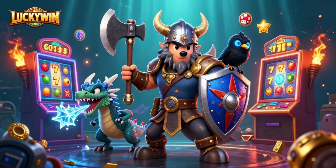 LUCKYWIN slot machine scene featuring a Viking warrior and dragon symbolizing jackpot excitement.