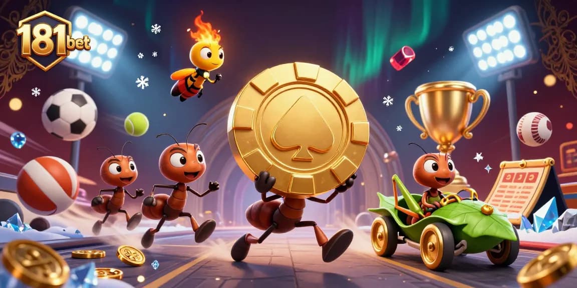 Win big with 181bet as ants steal a giant poker chip, showcasing a thrilling casino heist.