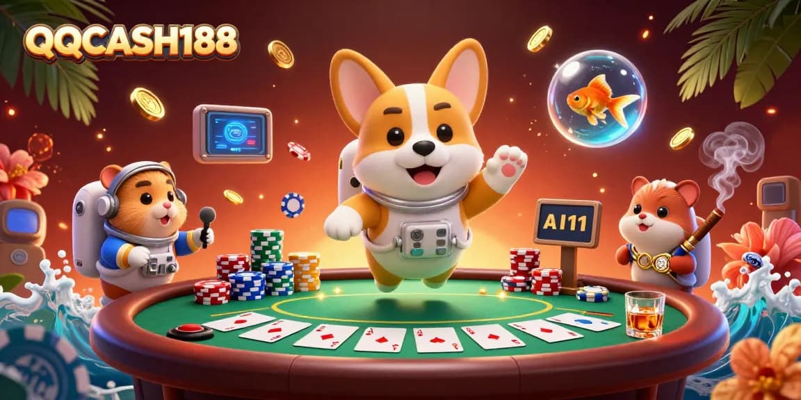 Engage with QQCASH188's vibrant casino atmosphere featuring a floating astronaut corgi and a mission-control hamster.