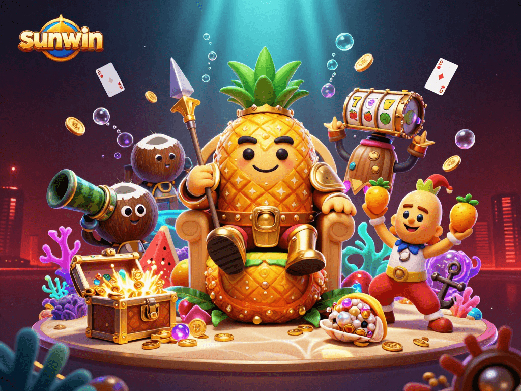Engage in thrilling gameplay with sunwin's vibrant 3D casino scene featuring slot reels and gold treasures.