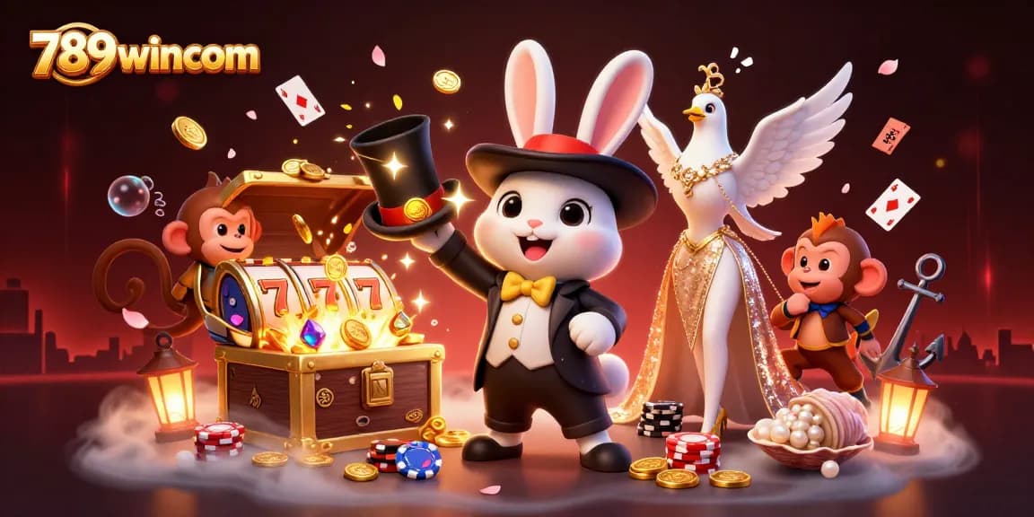 Experience the thrill of the casino world with 789wincom's vibrant magical scene featuring playful characters and slot elements.