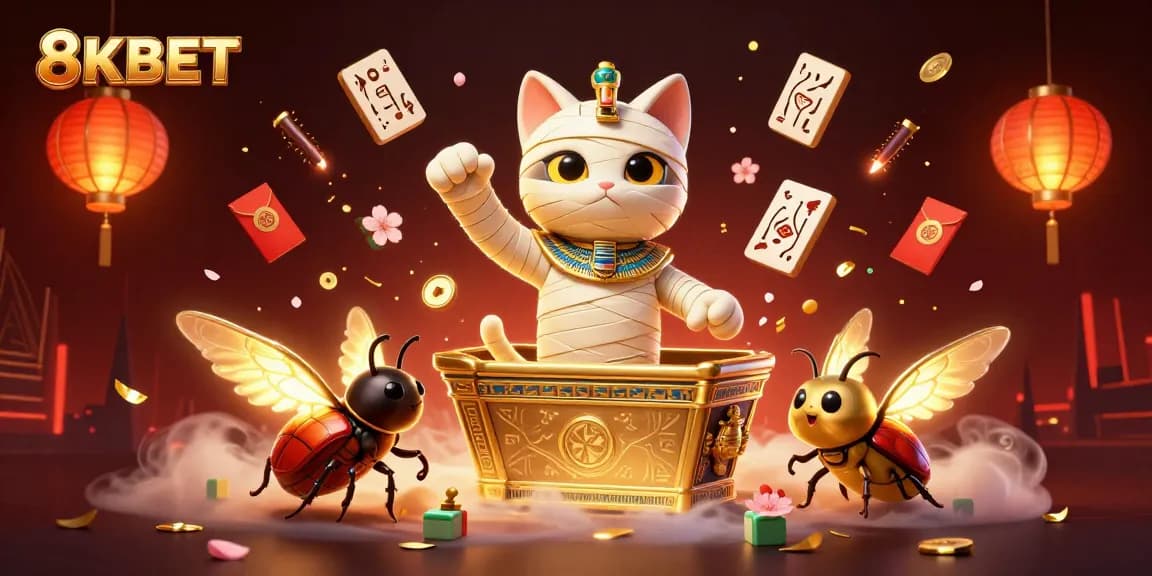 Experience excitement with 8KBET as the Egyptian mummy cat bursts out of a sarcophagus in a vibrant casino.