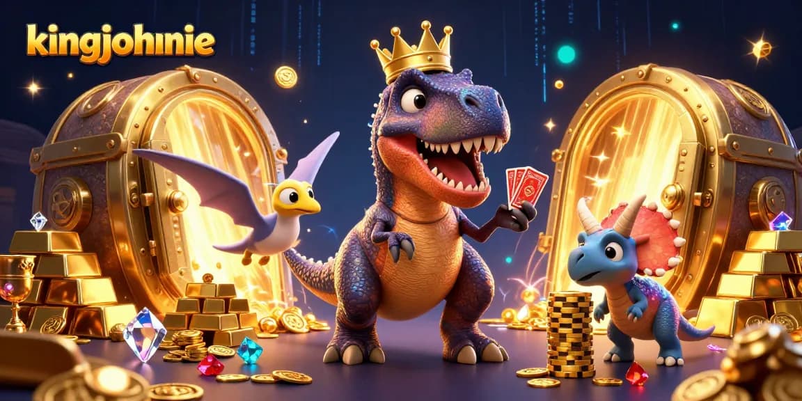 Experience the kingjohnnie excitement with vibrant casino characters and treasure elements in this captivating scene.