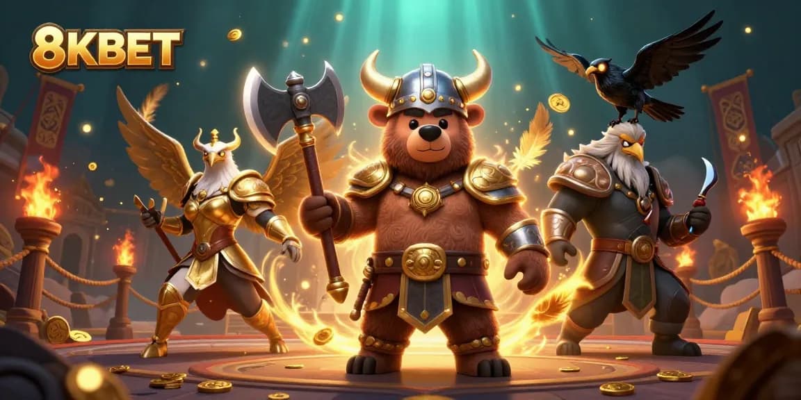 Engage with the vibrant gaming atmosphere of 8KBET featuring a Viking berserker and Valkyrie eagle amidst swirling golden effects and gambling icons.