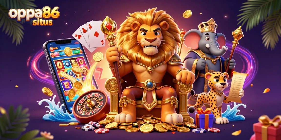 Experience vibrant gaming action with oppa86 situs in a colorful 3D casino illustration featuring legendary characters.