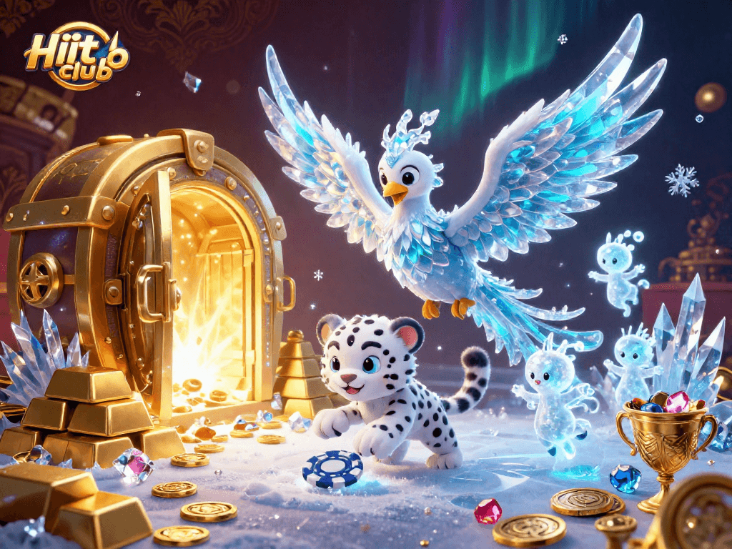 Engage with Hit club's vibrant world of 3D cartoon characters surrounded by endless riches, celebrating gambling.