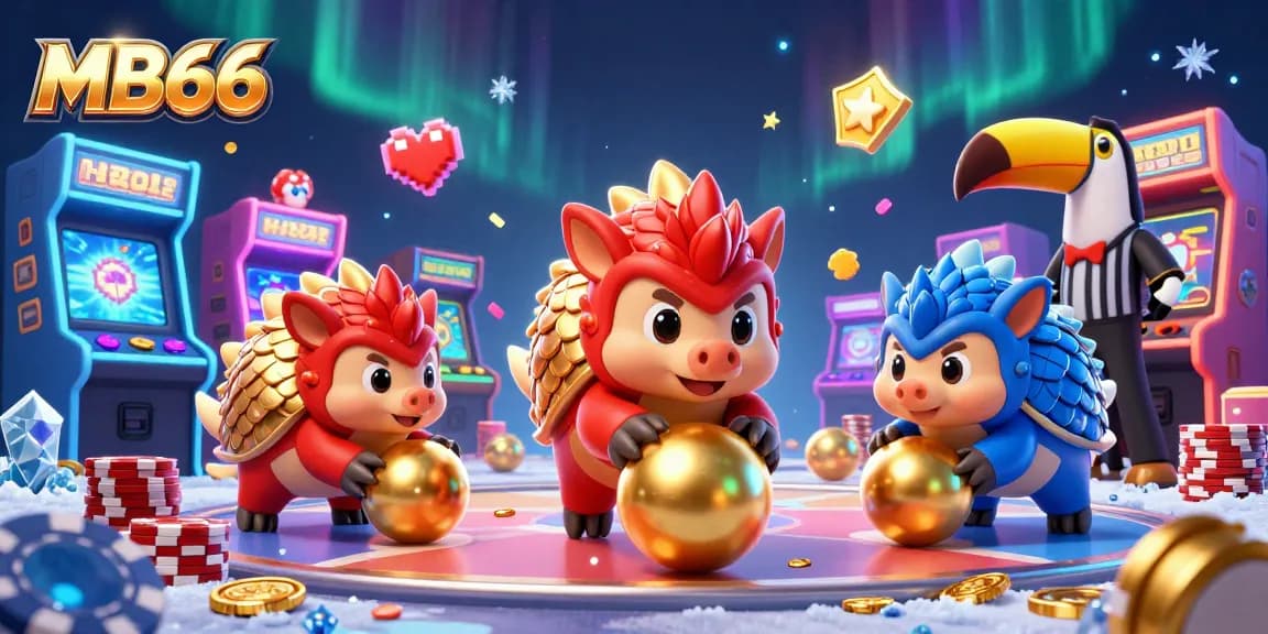 Engage with MB66 as rival pangolins in a dynamic 3D casino game scene, rolling through poker chips.