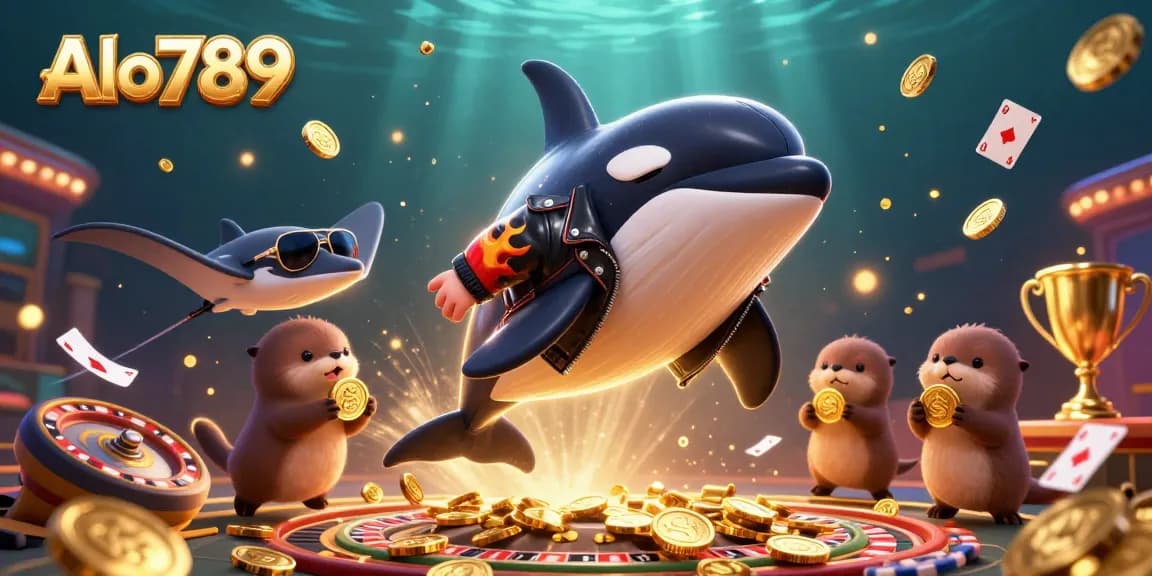 Alo789 brings an exciting casino experience with a dynamic 3D scene featuring animated ocean creatures and gambling elements.