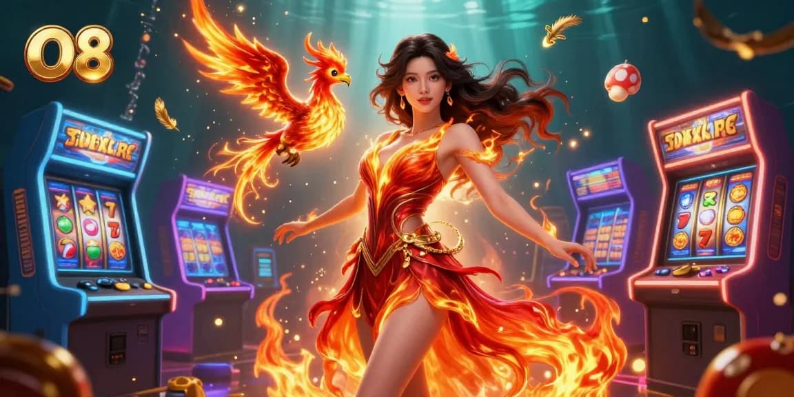Experience the thrilling O8 casino with 3D gaming elements and fiery character action.