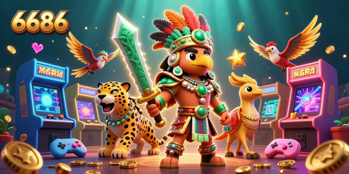 Engage with 6686's thrilling casino experience through this colorful 3D scene of warriors and gaming elements.